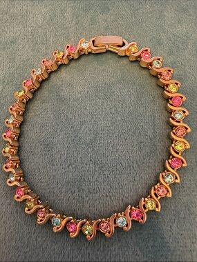 Vintage Gold Tone Multicolor Pastel Rhinestone S-Link Tennis Bracelet